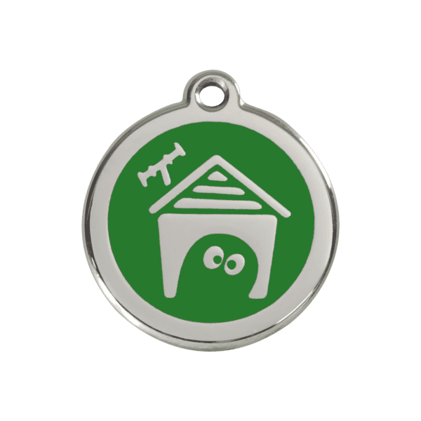 Vue avant - Médaille personnalisée pour chien Red Dingo en émail et acier inoxydable - Motif Niche - Vert - Taille M