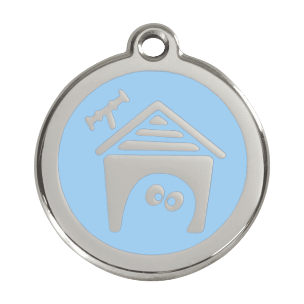 Vue avant - Médaille personnalisée pour chien Red Dingo Émail et acier inoxydable - Motif Niche - Bleu clair - Taille L