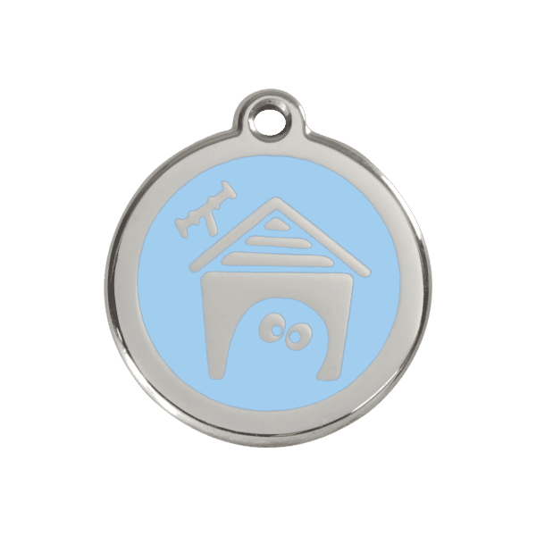 Vue avant - Médaille personnalisée pour chien Red Dingo Émail et acier inoxydable - Motif Niche - Bleu clair - Taille M