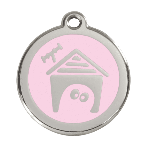 Vue avant - Médaille personnalisée pour chien Red Dingo en émail et acier inoxydable - Motif Niche - Rose - Taille L