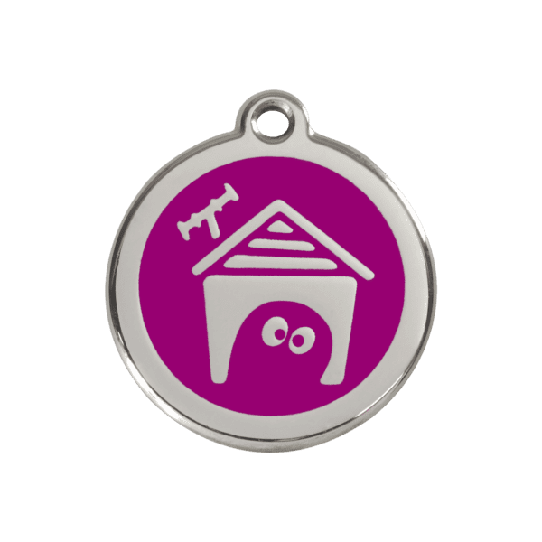 Vue avant - Médaille personnalisée pour chien Red Dingo en émail et acier inoxydable - Motif Niche - Violet - Taille M