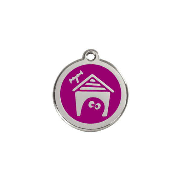 Vue avant - Médaille personnalisée pour chien/chat Red Dingo violet en émail et acier inoxydable - Taille S - Réf : 01-DH-PU-SM