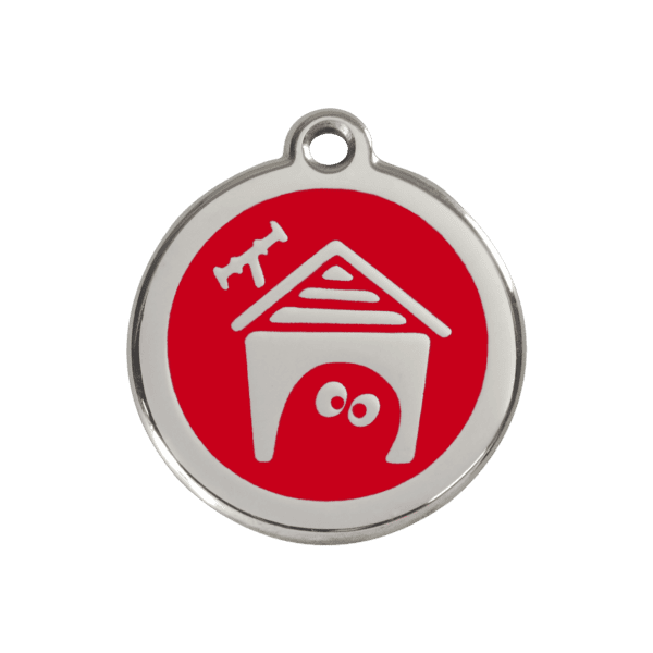 Vue avant - Médaille personnalisée pour chien Red Dingo en émail et acier inoxydable - Motif niche - Rouge - Taille M