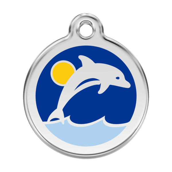 Vue avant - Médaille personnalisée pour chien - Red Dingo Émail et acier inoxydable - Dauphin Bleu foncé - Taille L