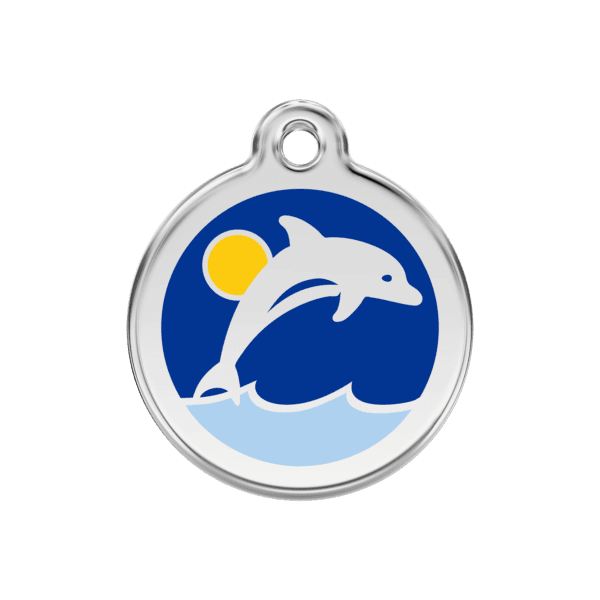 Vue avant - Médaille personnalisée pour chien Red Dingo Émail et acier inoxydable Dauphin Bleu foncé 30mm