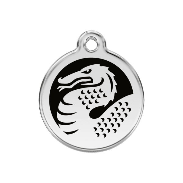 Vue avant - Médaille personnalisable pour chien en émail et acier inoxydable avec motif dragon - Red Dingo - Noir - Taille M