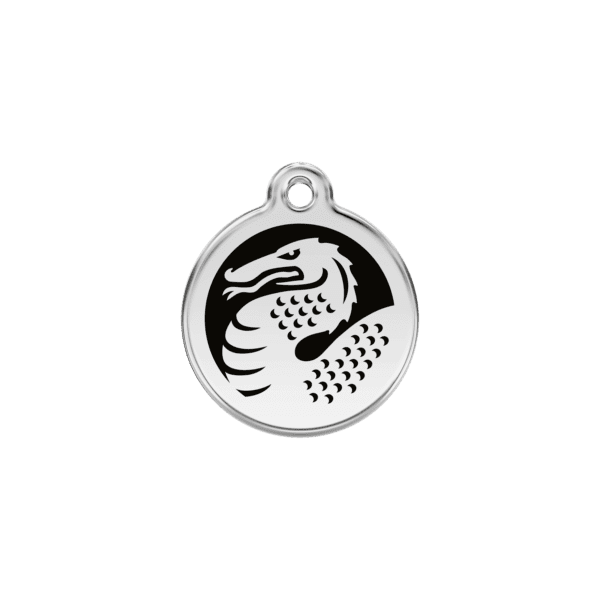 Vue avant - Médaille personnalisée pour chat en émail et acier inoxydable - Motif dragon - Red Dingo 01-DN-BB-SM