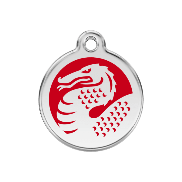 Vue avant - Médaille personnalisée pour chien Red Dingo Dragon en émail et acier inoxydable - Rouge - Taille M