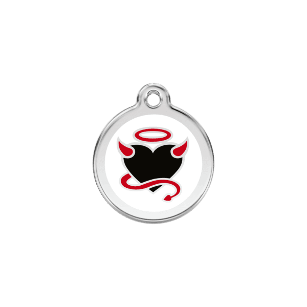 Vue avant - Médaille personnalisée pour chien/chat Red Dingo Émail et acier inoxydable - Motif Diable - Blanc - Taille S