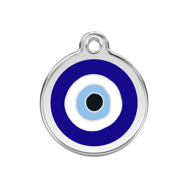 Vue avant - Médaille personnalisée pour chien/chat Red Dingo Émail/Acier inoxydable - Motif Mauvais ?il - Bleu foncé - Taille M