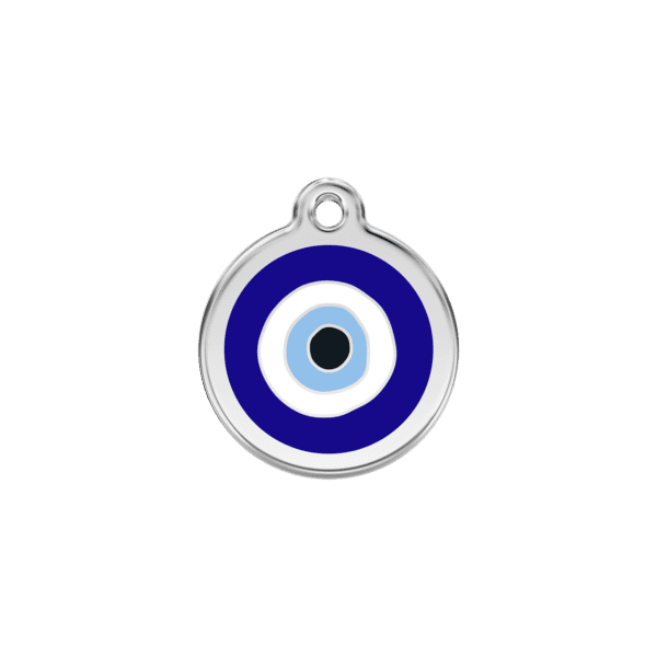 Vue avant - Médaille personnalisée pour chien/chat Red Dingo Émail/Acier inoxydable - Motif Mauvais œil - Bleu foncé - Taille S