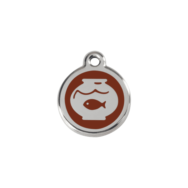 Vue avant - Médaille personnalisée pour chat en émail et acier inoxydable Red Dingo - Motif bocal à poissons - Brun - Taille S