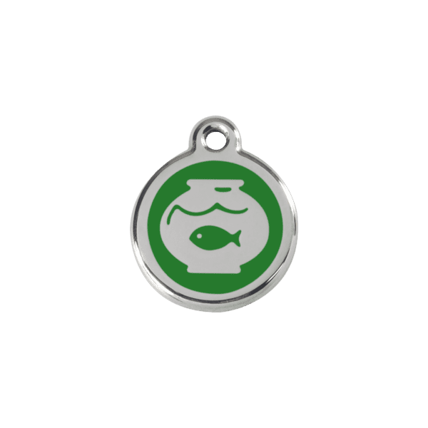 Vue avant - Médaille personnalisée pour chien/chat Red Dingo Émail et acier inoxydable - Motif bocal poissons - Vert - Taille S