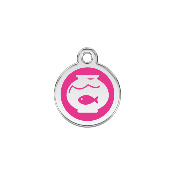 Vue avant - Médaille personnalisée pour chien/chat Red Dingo Émail/Acier inoxydable - Motif bocal poissons - Rose vif - Taille S