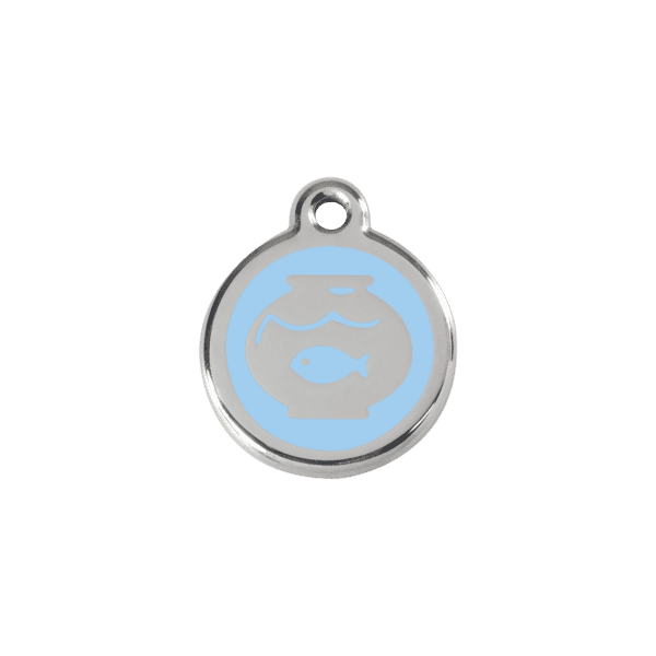 Vue avant - Médaille personnalisable pour chat ou chien Red Dingo Émail et acier inoxydable - Motif bocal à poissons - Bleu clair - Taille S