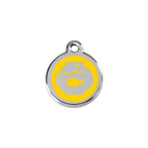 Vue avant - Médaille personnalisée pour chien/chat Red Dingo Émail/Acier Jaune - Motif Bocal Poissons - Taille S