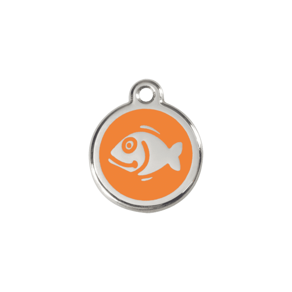 Vue avant - Médaille personnalisée chat Red Dingo Émail et acier inoxydable motif poisson orange - Taille S