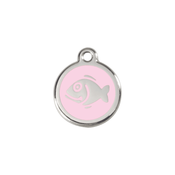 Vue avant - Médaille personnalisable pour chat en émail et acier inoxydable - Motif poisson rose - Red Dingo 01-FI-PK-SM