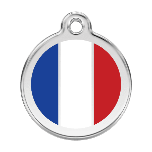 Vue avant - Médaille personnalisée pour chien Red Dingo Émail et acier inoxydable Drapeau français Blanc - Taille L