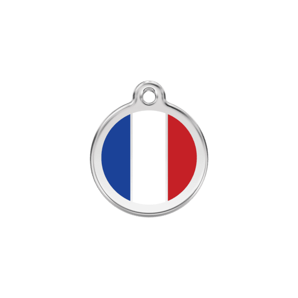 Vue avant - Médaille personnalisée pour chien/chat Red Dingo - Drapeau français - Blanc - Taille S