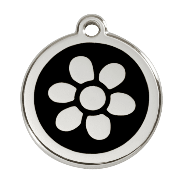 Vue avant - Médaille personnalisée pour chien - Red Dingo Émail et acier inoxydable Fleur Noir L