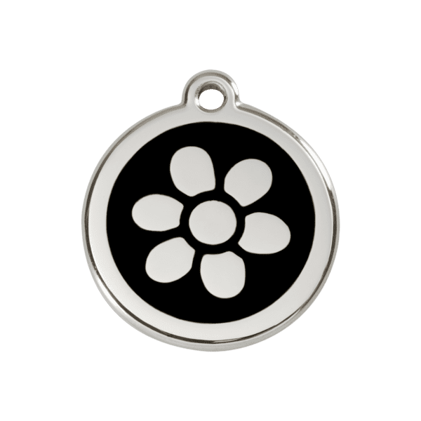 Vue avant - Médaille personnalisée pour chien Red Dingo Émail et acier inoxydable - Motif Fleur - Noir - Taille M