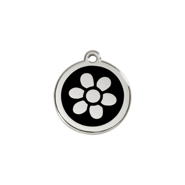 Vue avant - Médaille personnalisée pour chat Red Dingo Émail et acier inoxydable - Motif Fleur Noir - Taille S