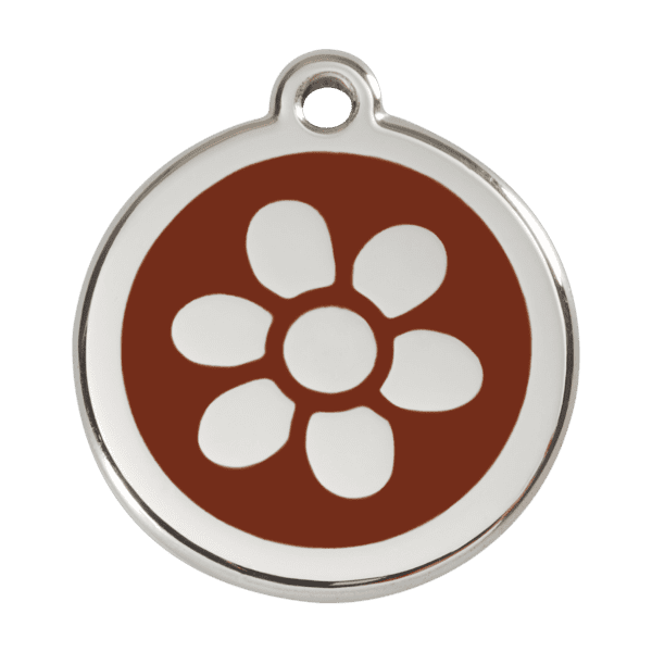 Vue avant - Médaille personnalisée pour chien Red Dingo Émail et acier inoxydable Fleur Brun L 38.00mm