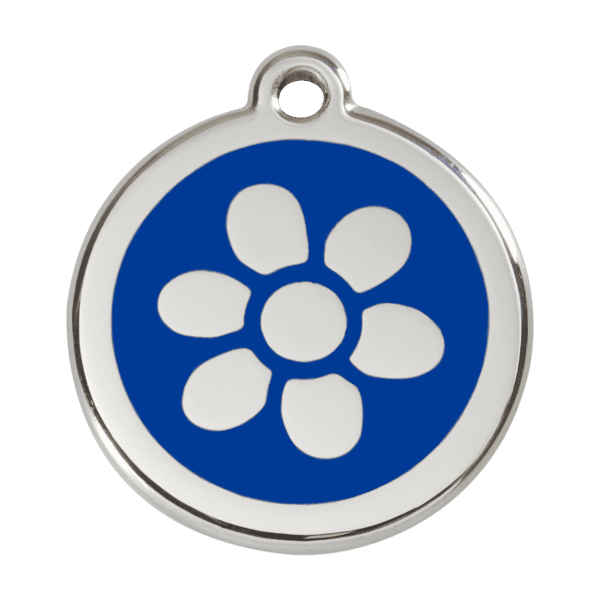 Vue avant - Médaille personnalisée pour chien Red Dingo Émail et acier inoxydable - Fleur bleue - Taille L