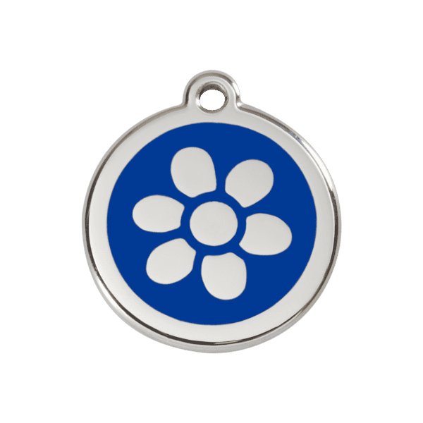 Vue avant - Médaille personnalisée pour chien/chat Red Dingo Émail/Acier inoxydable Fleur Bleu foncé 30mm