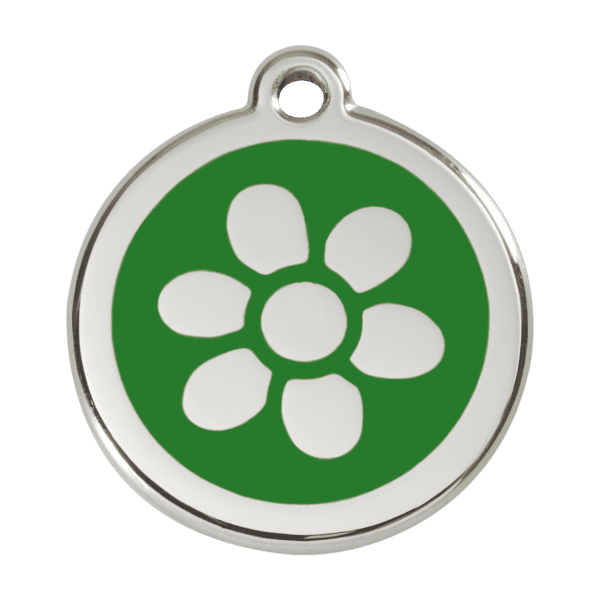 Vue avant - Médaille personnalisée pour chien Red Dingo Émail et acier inoxydable - Fleur Vert - Taille L