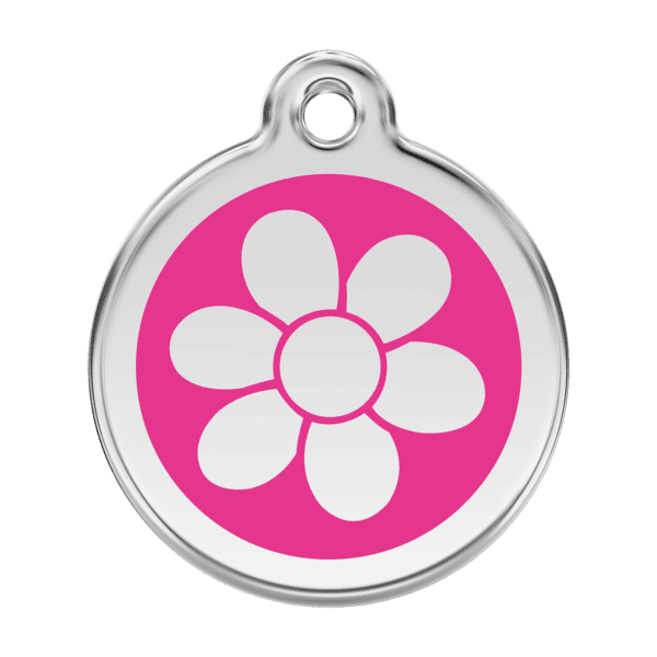 Vue avant - Médaille personnalisée pour chien Red Dingo Émail et acier inoxydable - Fleur Rose vif - Taille L