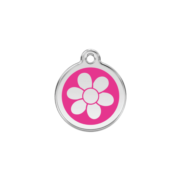 Vue avant - Médaille personnalisée pour chat en émail et acier inoxydable - Red Dingo - Fleur rose vif - Taille S