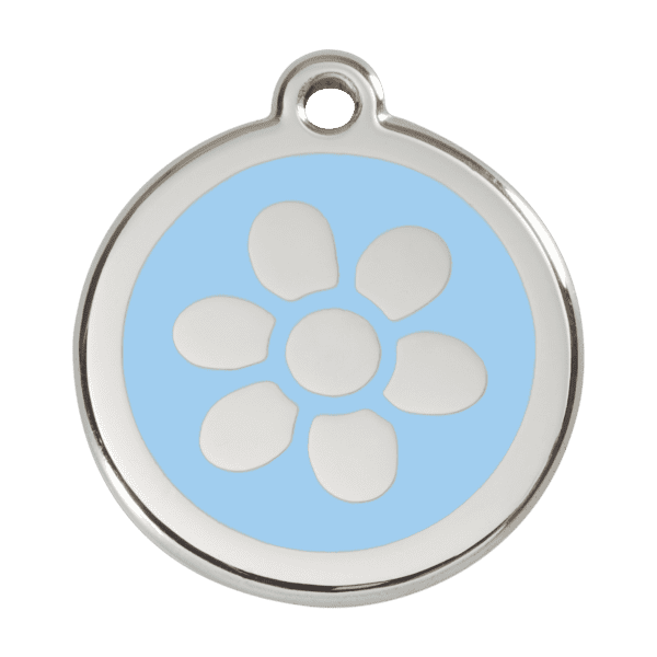 Vue avant - Médaille personnalisée pour chien Red Dingo Émail et acier inoxydable - Motif Fleur - Bleu clair - Taille L