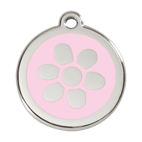 Vue avant - Médaille personnalisée pour chien Red Dingo Émail et acier inoxydable Fleur Rose L 38.00 24.7 G