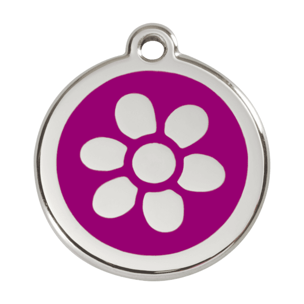 Vue avant - Médaille personnalisable pour chien - Red Dingo Émail et acier inoxydable Fleur Violet L