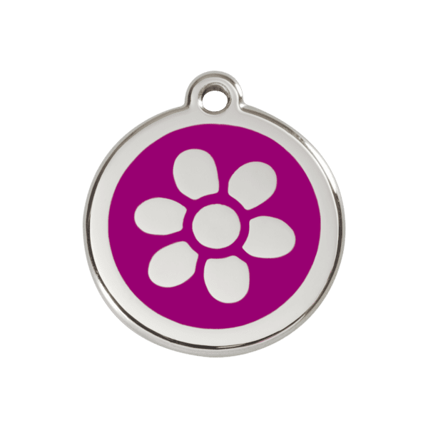 Vue avant - Médaille personnalisée pour chien ou chat - Red Dingo Émail et acier inoxydable - Fleur Violet - Taille M