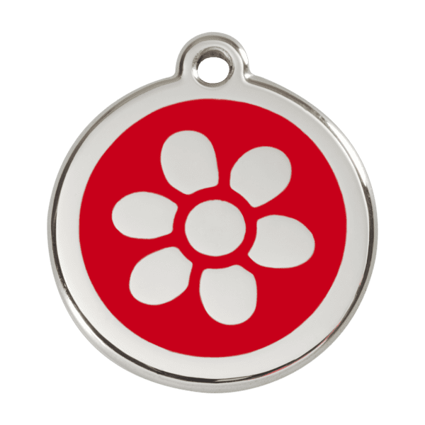 Vue avant - Médaille personnalisée pour chien Red Dingo Émail et acier inoxydable - Fleur Rouge - Taille L