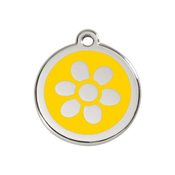 Vue avant - Médaille personnalisée pour chien ou chat - Red Dingo Émail et acier inoxydable - Fleur Jaune - Taille M