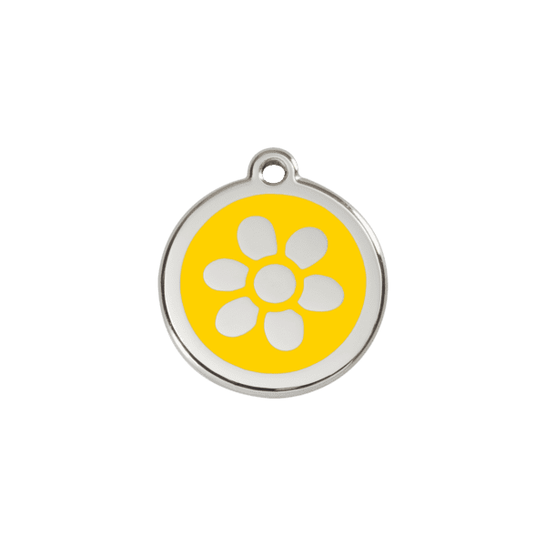 Vue avant - Médaille personnalisée pour chien/chat Red Dingo Émail/Acier Jaune 20mm - Fleur - Taille S