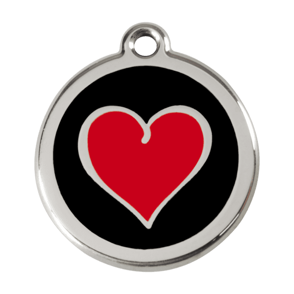 Vue avant - Médaille personnalisée pour chien Red Dingo Émail et acier inoxydable - Coeur noir - Taille L