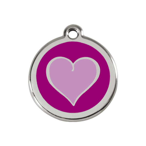 Vue avant - Médaille personnalisée pour chien Red Dingo Émail et acier inoxydable Coeur violet - Taille M