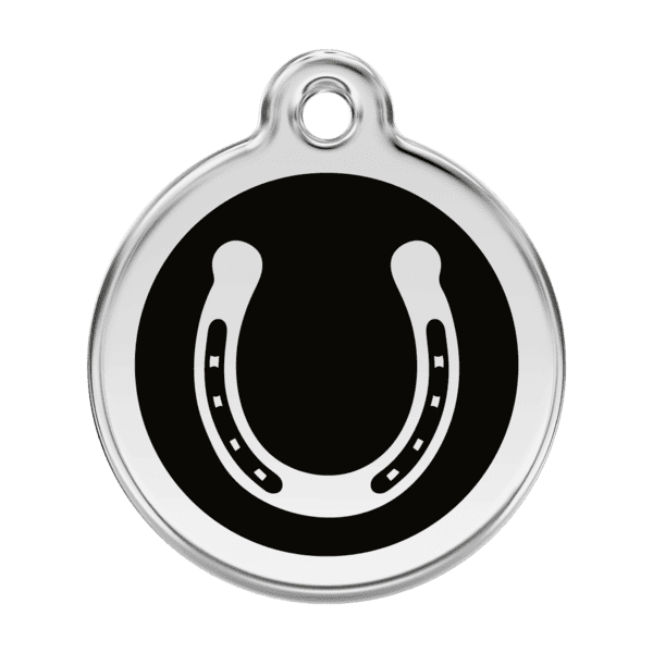 Vue avant - Médaille personnalisable pour chien ou chat Red Dingo Émail et acier inoxydable Fer à cheval Noir 38.00mm