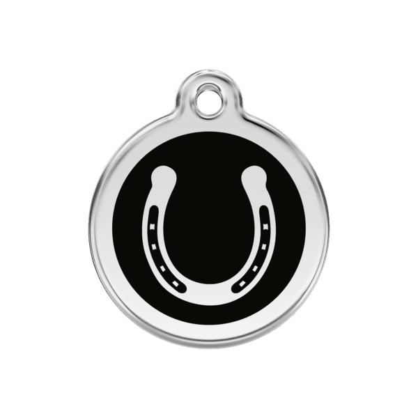 Vue avant - Médaille personnalisable pour chien en émail et acier inoxydable Red Dingo - Motif fer à cheval noir - Taille M