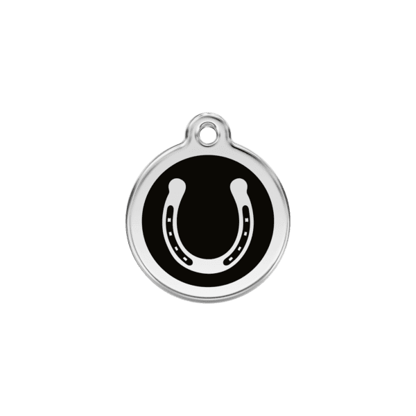 Vue avant - Médaille personnalisée pour chien/chat Red Dingo Émail et acier inoxydable Fer à cheval Noir S 20.00 7G