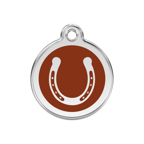 Vue avant - Médaille personnalisée pour chien Red Dingo Émail et acier inoxydable Fer à cheval Brun 30.00mm