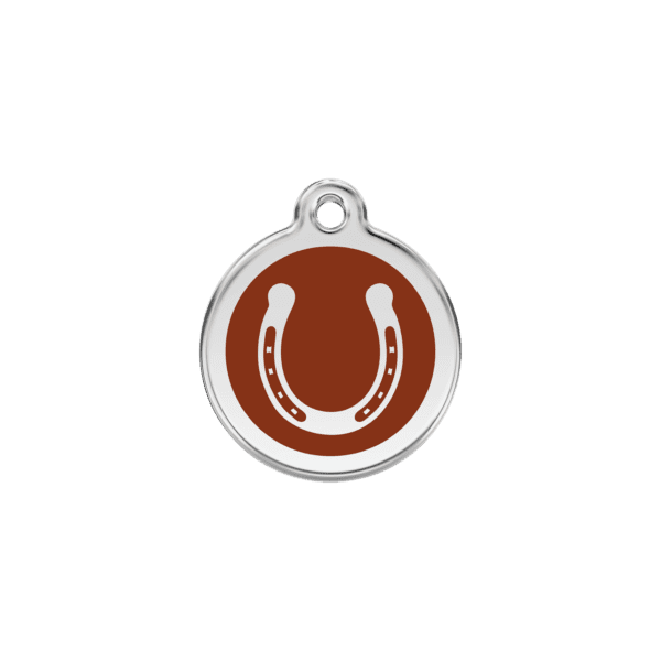 Vue avant - Médaille personnalisable pour chien/chat Red Dingo Émail et acier inoxydable Fer à cheval Brun S 20.00 7G