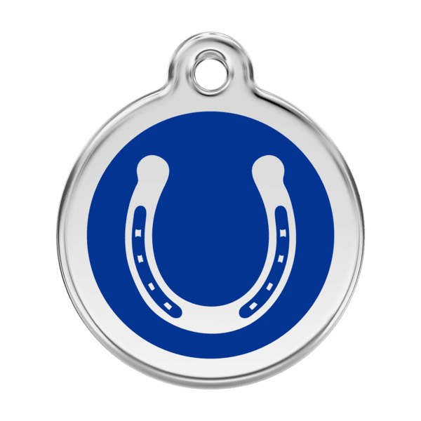 Vue avant - Médaille personnalisée pour chien en émail et acier inoxydable - Red Dingo - Fer à cheval - Bleu foncé - Taille L