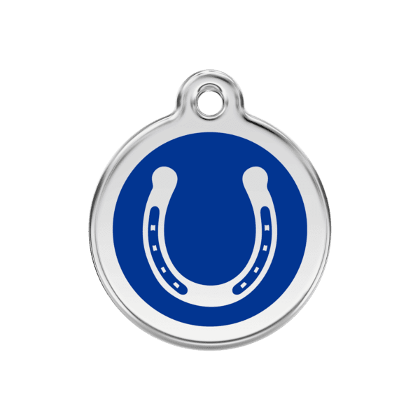 Vue avant - Médaille personnalisable pour chien Red Dingo Émail et acier inoxydable Fer à cheval Bleu foncé 30.00mm