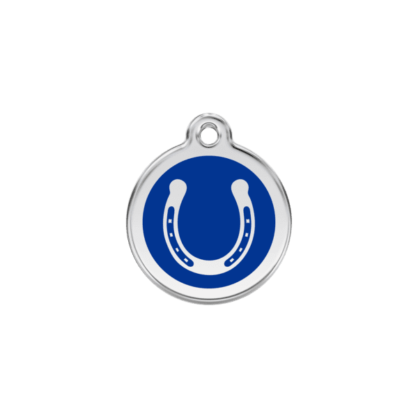 Vue avant - Médaille personnalisée pour chien/chat Red Dingo Émail/Acier inoxydable - Fer à cheval - Bleu foncé - Taille S - 01-HS-DB-SM